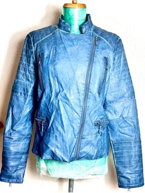 Jou Jou Blue Asymmetric Moto Leather Jacket